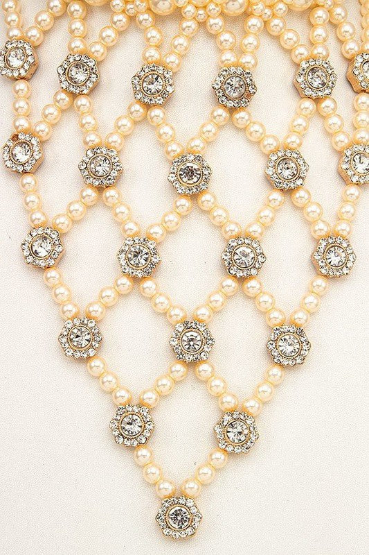 Pearl Gem Accent Net Choker Necklace Set