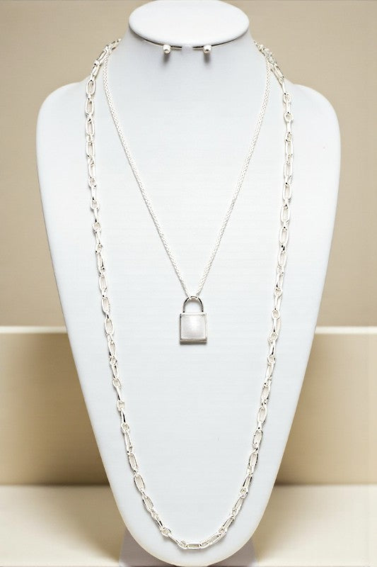 ELONGATED CHAIN LOCK PENDANT NECKLACE SET