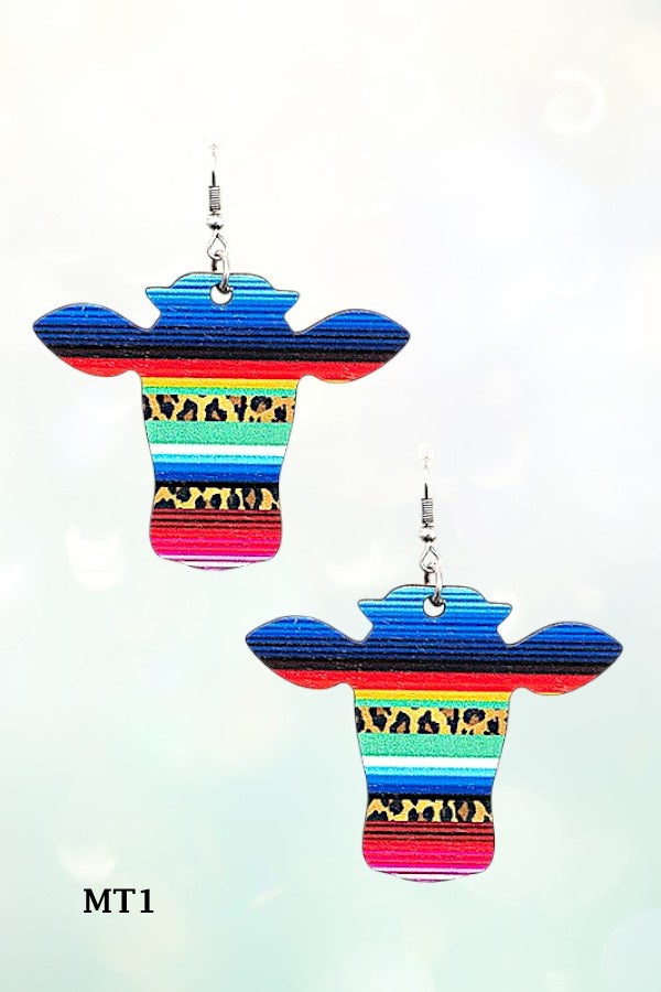 WESTERN BULL HEAD MIX PRINT DROP EARRING