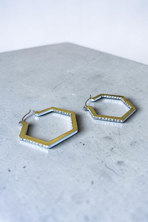 HEXAGON ONE SIDE GEMSTONE PAVE HOOP EARRING
