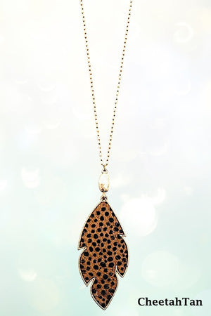 ANIMAL PRINT LEAF PENDANT LONG NECKLACE