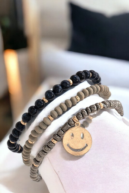 Smiley Face Charm Beaded Bracelet Set