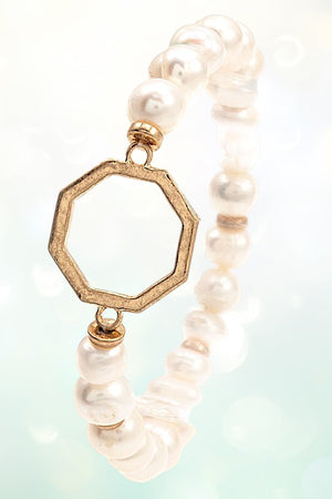 HEXAGON CUT OUT LINK FRESHWATER PEARL STRETCH BRACELET