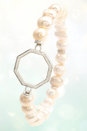 HEXAGON CUT OUT LINK FRESHWATER PEARL STRETCH BRACELET