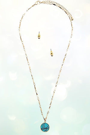 ROUND GEM PENDANT NECKLACE AND BALL BEAD STUD EARRING SET