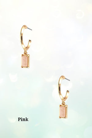 SMALL RECTANGULAR SEMI PRECIOUS GEM DANGLE SEMI HOOP EARRING
