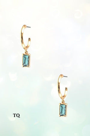 SMALL RECTANGULAR SEMI PRECIOUS GEM DANGLE SEMI HOOP EARRING