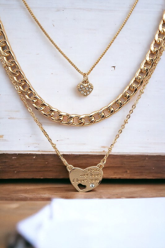 Layered Chain Etched Heart Pendant Necklace Set