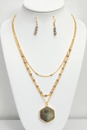 LAYERED HEXAGON PENDANT BEADED NECKLACE SET