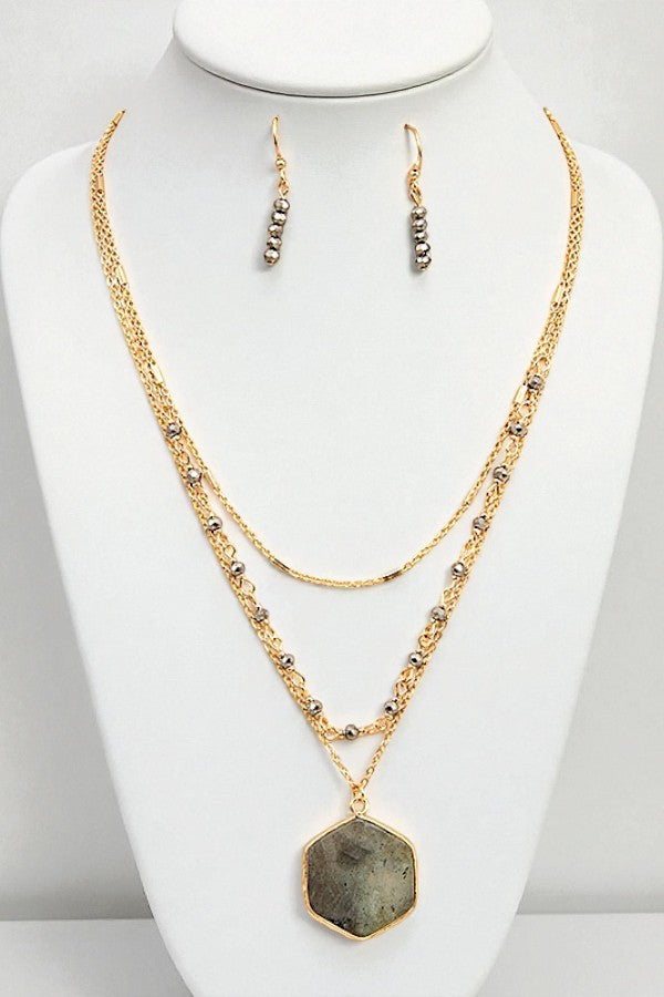 LAYERED HEXAGON PENDANT BEADED NECKLACE SET