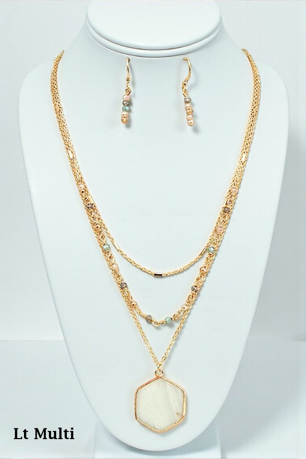 LAYERED HEXAGON PENDANT BEADED NECKLACE SET