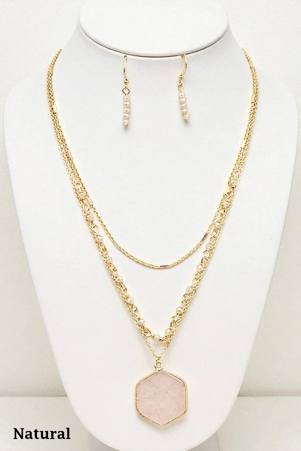 LAYERED HEXAGON PENDANT BEADED NECKLACE SET
