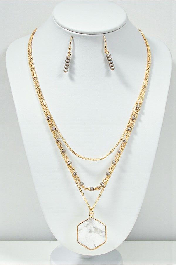 LAYERED HEXAGON PENDANT BEADED NECKLACE SET