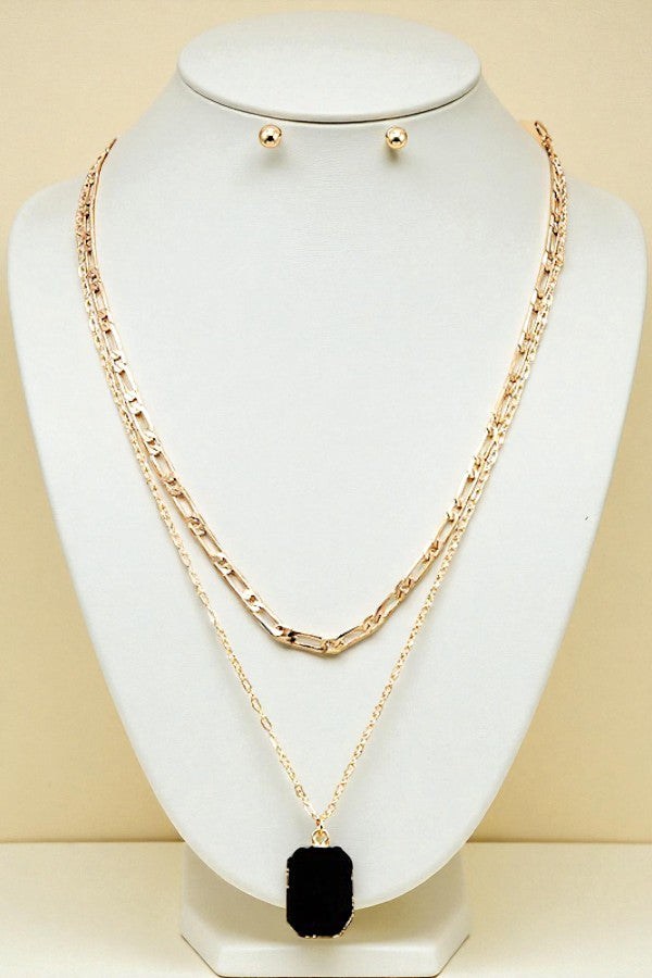 GEM PENDANT DOUBLE ROW NECKLACE SET