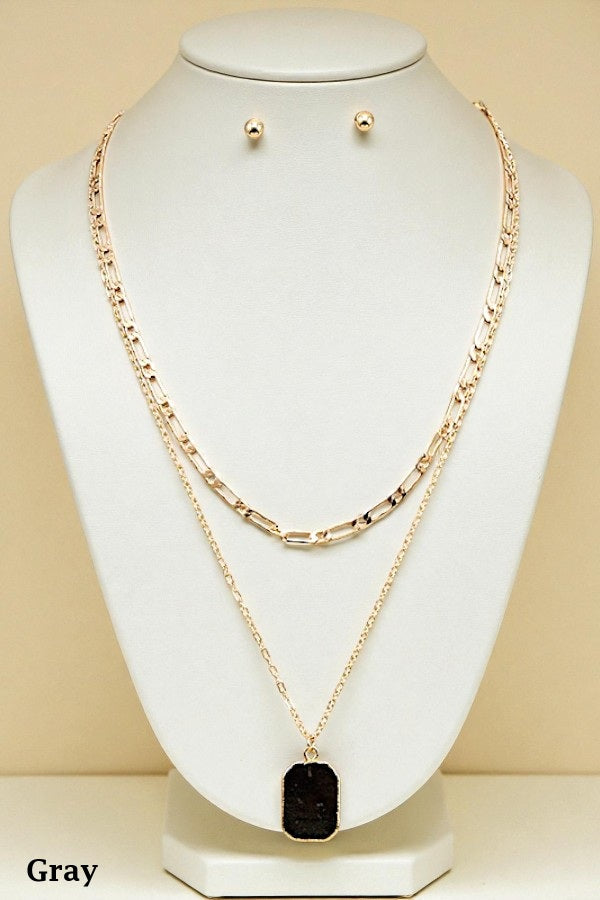 GEM PENDANT DOUBLE ROW NECKLACE SET