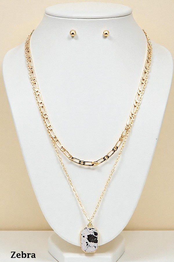 GEM PENDANT DOUBLE ROW NECKLACE SET