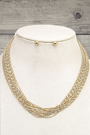 MULTI CHAIN BEAD NECKLACE AND BALL BEAD STUD EARRING SET