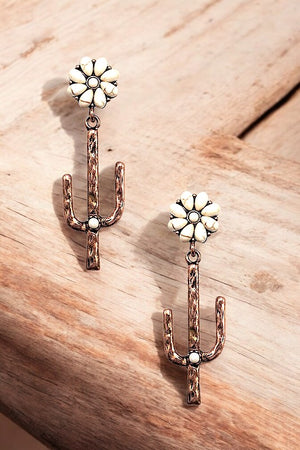 ETCHED CACTUS DROP GEM POST EARRING