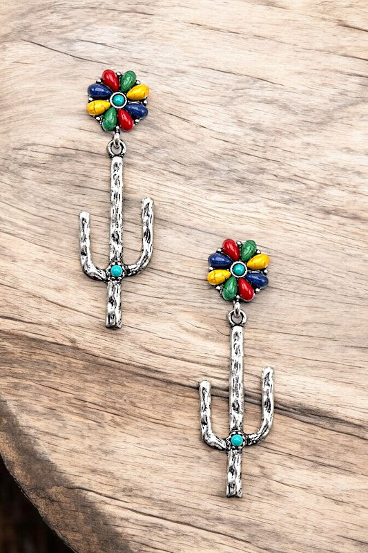 ETCHED CACTUS DROP GEM POST EARRING