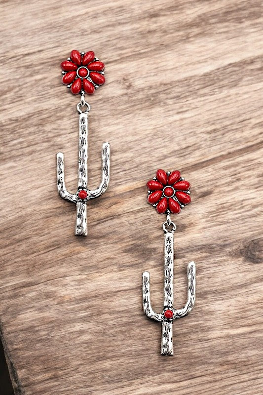 ETCHED CACTUS DROP GEM POST EARRING