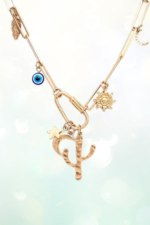 WESTERN THEME MIX PENDANTS AND CHARMS DANGLE CHAIN NECKLACE