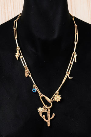 WESTERN THEME MIX PENDANTS AND CHARMS DANGLE CHAIN NECKLACE