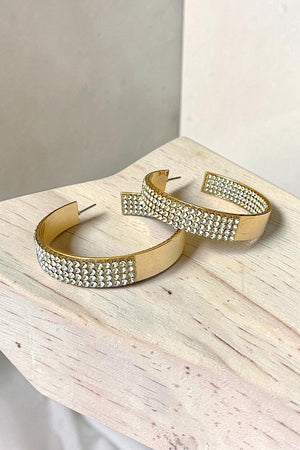 ONE SIDED RHINESTONE PAVE WIDE BAND HOOP EARRINGS