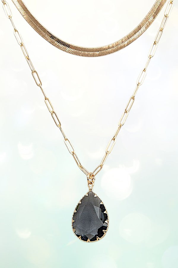 CRYSTAL TEARDROP PENDANT LAYERED NECKLACE SET