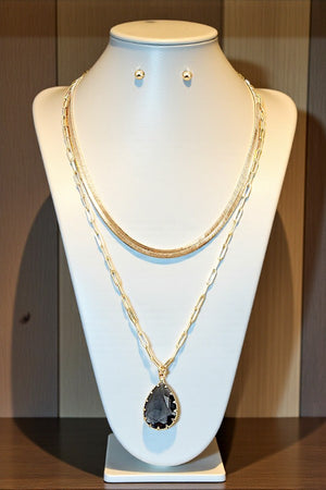 CRYSTAL TEARDROP PENDANT LAYERED NECKLACE SET