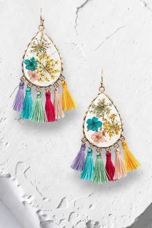 FLORAL RESIN CLEAR TEARDROP TASSEL DANGLE EARRING