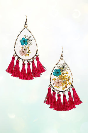 FLORAL RESIN CLEAR TEARDROP TASSEL DANGLE EARRING