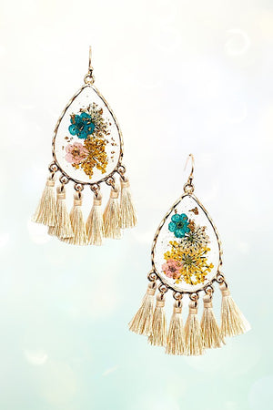 FLORAL RESIN CLEAR TEARDROP TASSEL DANGLE EARRING