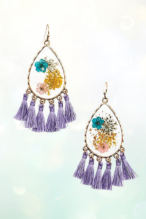 FLORAL RESIN CLEAR TEARDROP TASSEL DANGLE EARRING