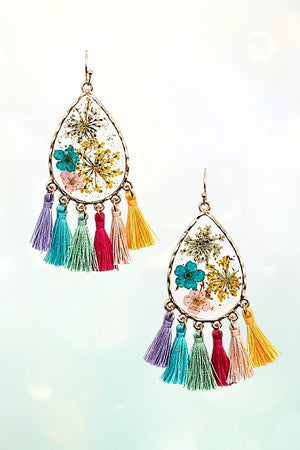 FLORAL RESIN CLEAR TEARDROP TASSEL DANGLE EARRING