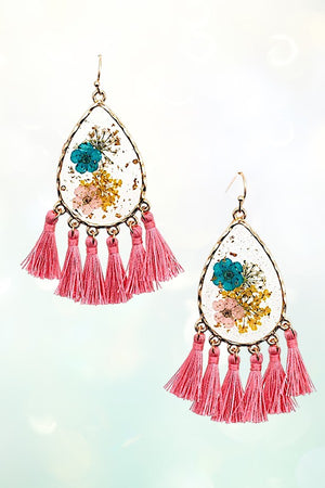 FLORAL RESIN CLEAR TEARDROP TASSEL DANGLE EARRING