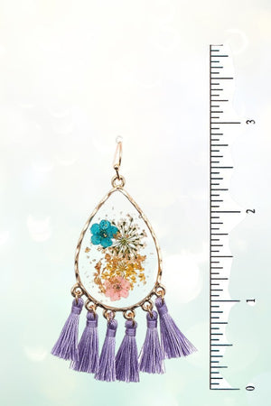 FLORAL RESIN CLEAR TEARDROP TASSEL DANGLE EARRING