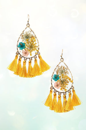 FLORAL RESIN CLEAR TEARDROP TASSEL DANGLE EARRING