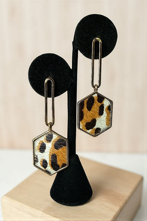 ANIMAL PRINT HEXAGON LEATHER METAL DROP EARRING