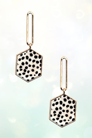 ANIMAL PRINT HEXAGON LEATHER METAL DROP EARRING