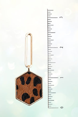 ANIMAL PRINT HEXAGON LEATHER METAL DROP EARRING