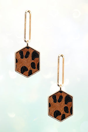 ANIMAL PRINT HEXAGON LEATHER METAL DROP EARRING