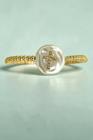 RHINESTONE CROSS PEARL ACCENT GOLD BEAD STRETCH BRACELET