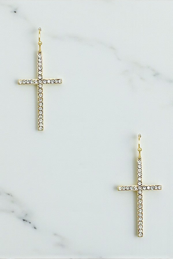 RHINESTONE CROSS DANGLE EARRING