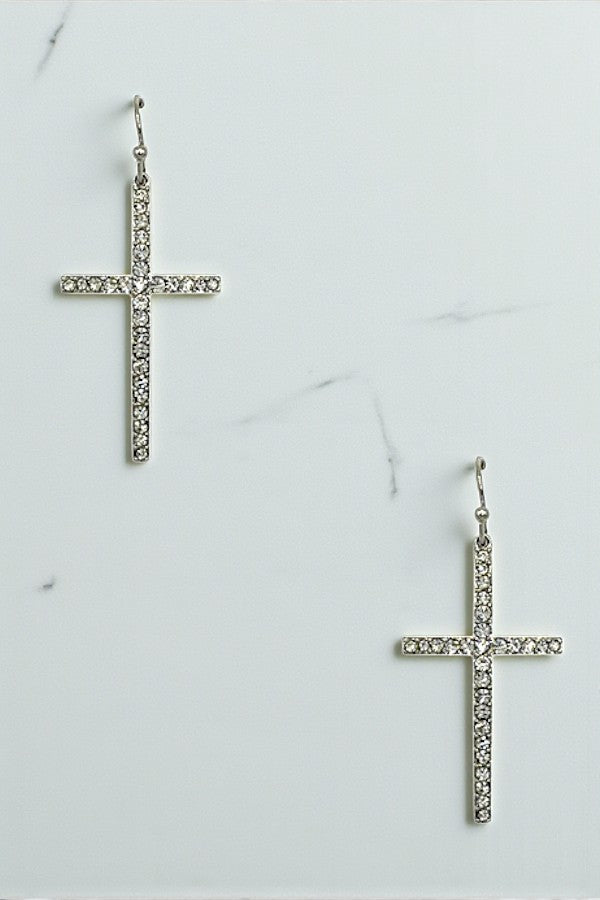 RHINESTONE CROSS DANGLE EARRING
