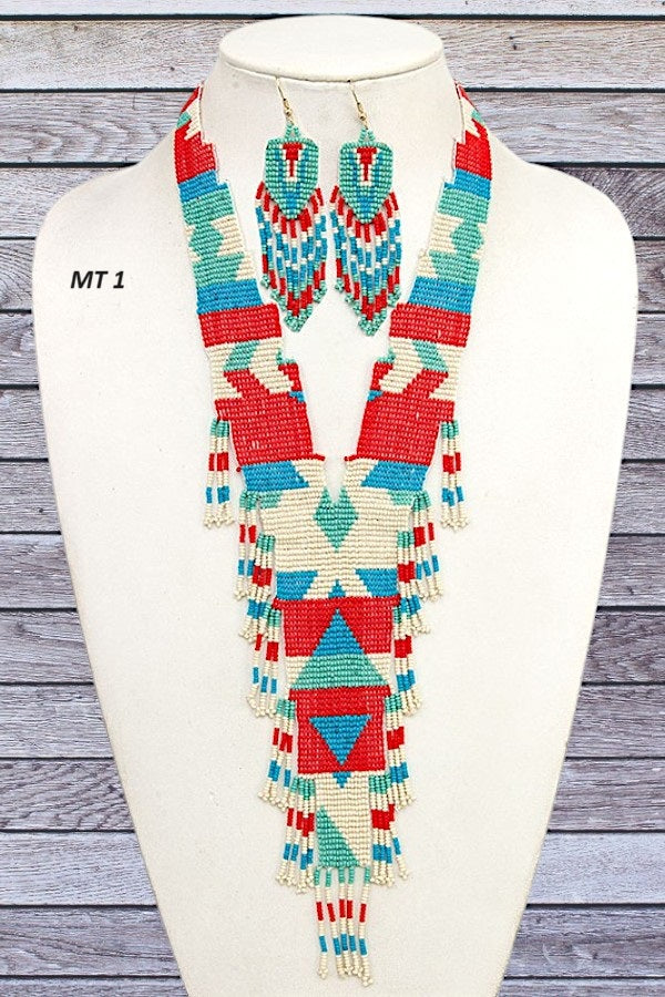 TRIBAL BEAD FRINGE NECKLACE SET