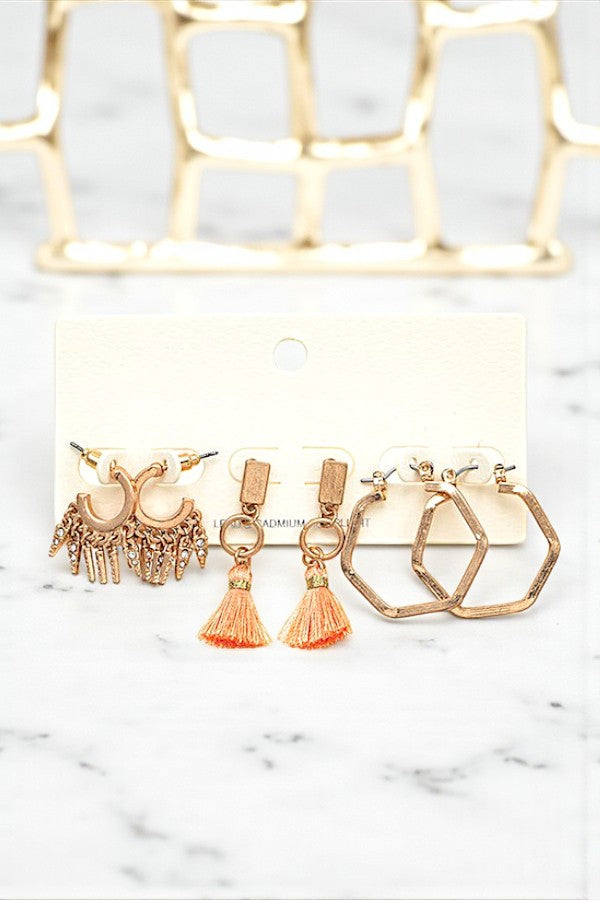 DANGLING TASSEL MIX POST EARRING SET