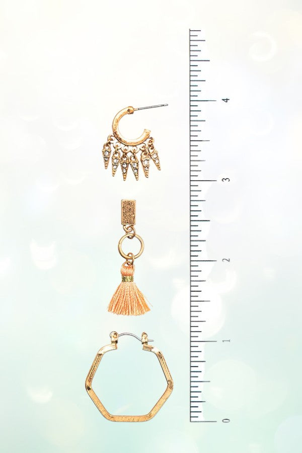 DANGLING TASSEL MIX POST EARRING SET