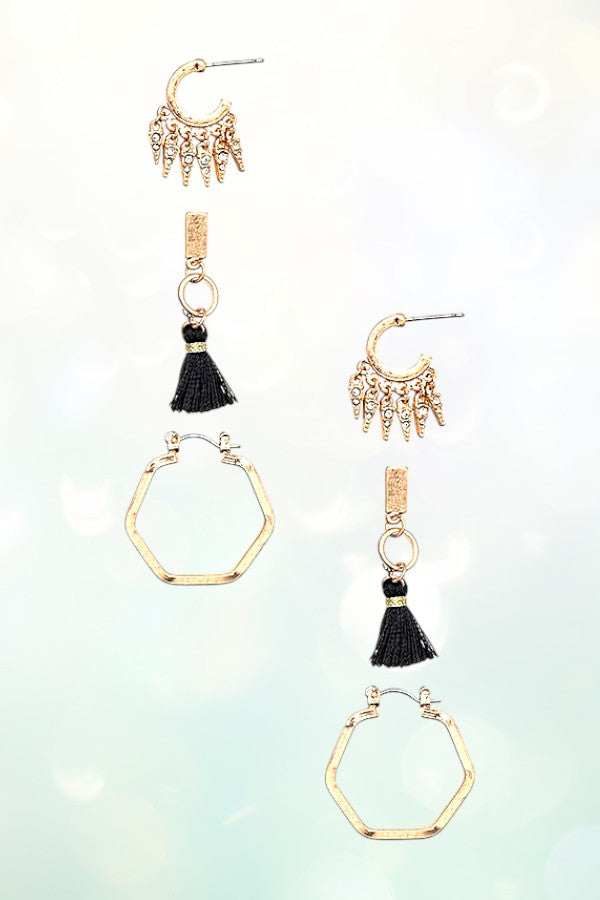 DANGLING TASSEL MIX POST EARRING SET