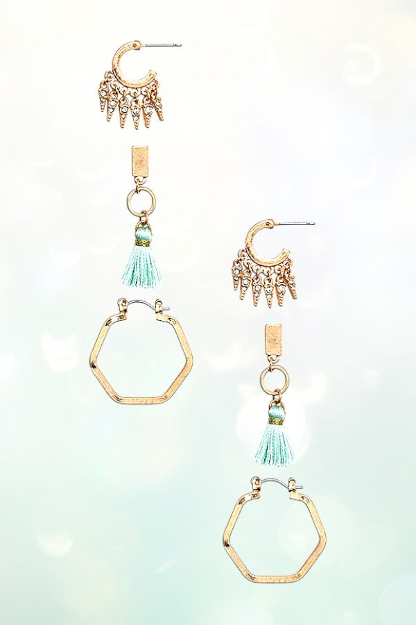 DANGLING TASSEL MIX POST EARRING SET