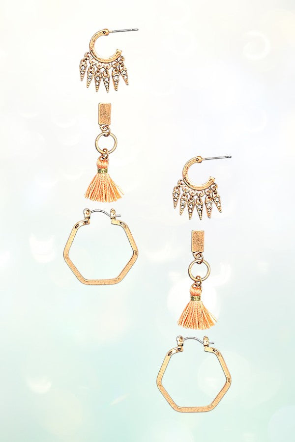 DANGLING TASSEL MIX POST EARRING SET